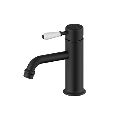 NERO YORK STRAIGHT BASIN MIXER WITH WHITE PORCELAIN LEVER 170MM MATTE BLACK
