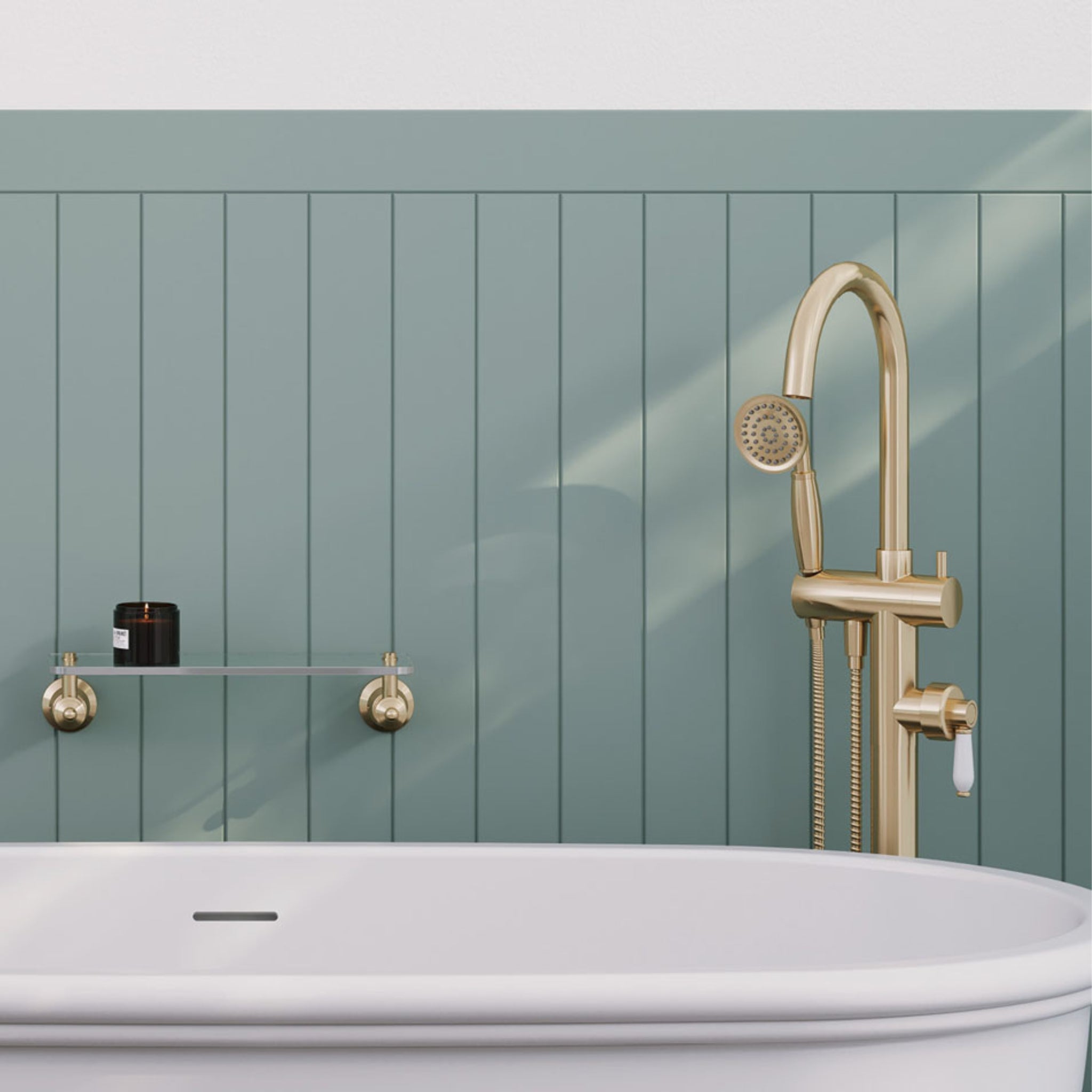 FIENZA ELEANOR FLOOR STANDING BATH MIXER WITH HAND SHOWER CERAMIC HANDLE URBAN BRASS