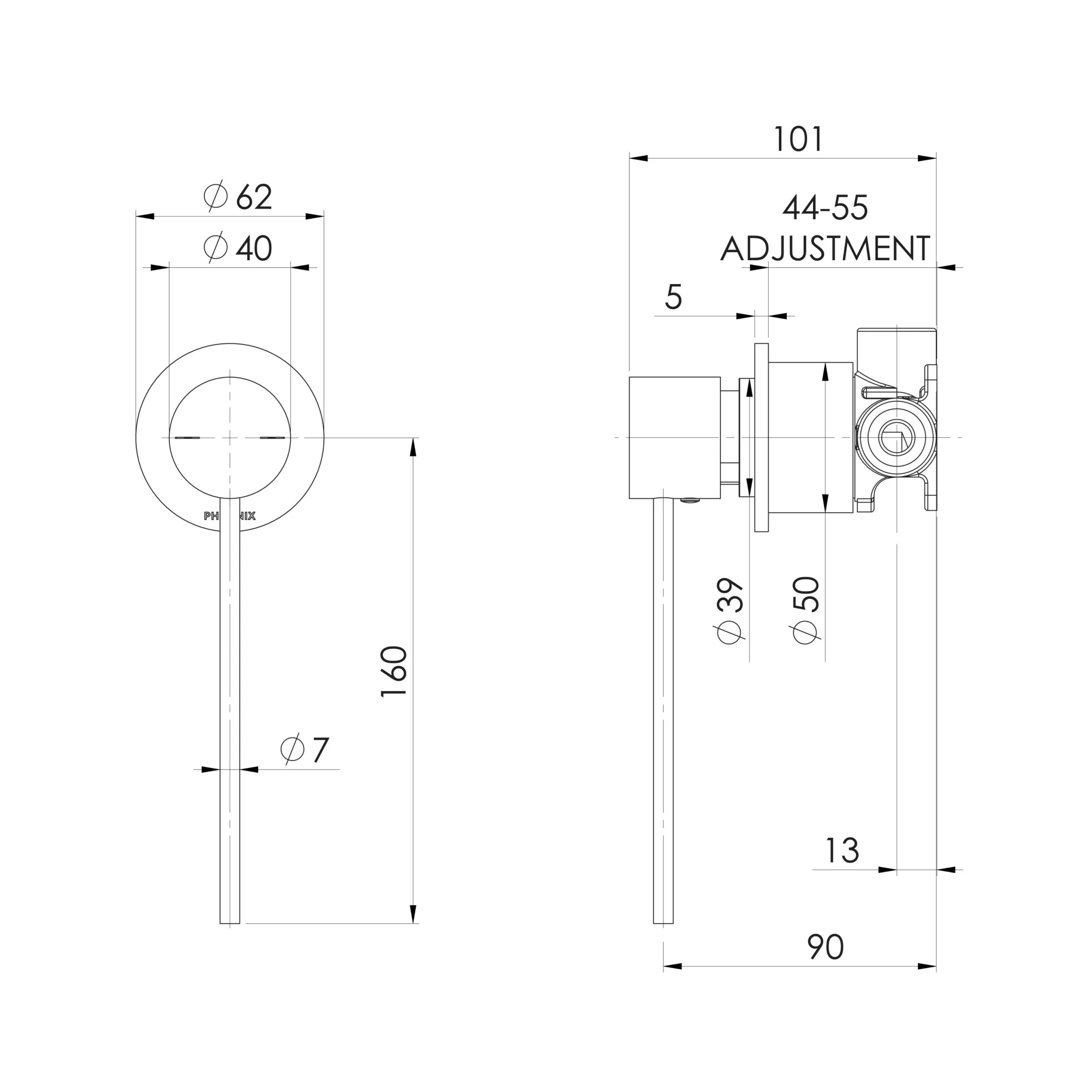 PHOENIX VIVID SLIMLINE SWITCHMIX SHOWER AND WALL MIXER 60MM BACKPLATE AND EXTENDED LEVER MATTE BLACK