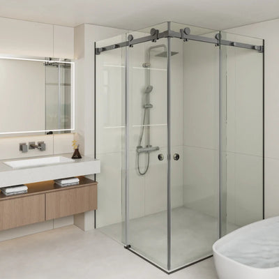 COVEY FRAMELESS DOUBLE CORNER SLIDING DOOR SHOWER SCREEN GUN METAL