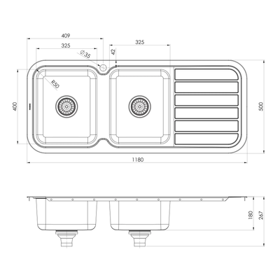 PHOENIX 1000 SERIES DOUBLE BOWL SINK WITH DRAINER AND TAPHOLE 1180MM
