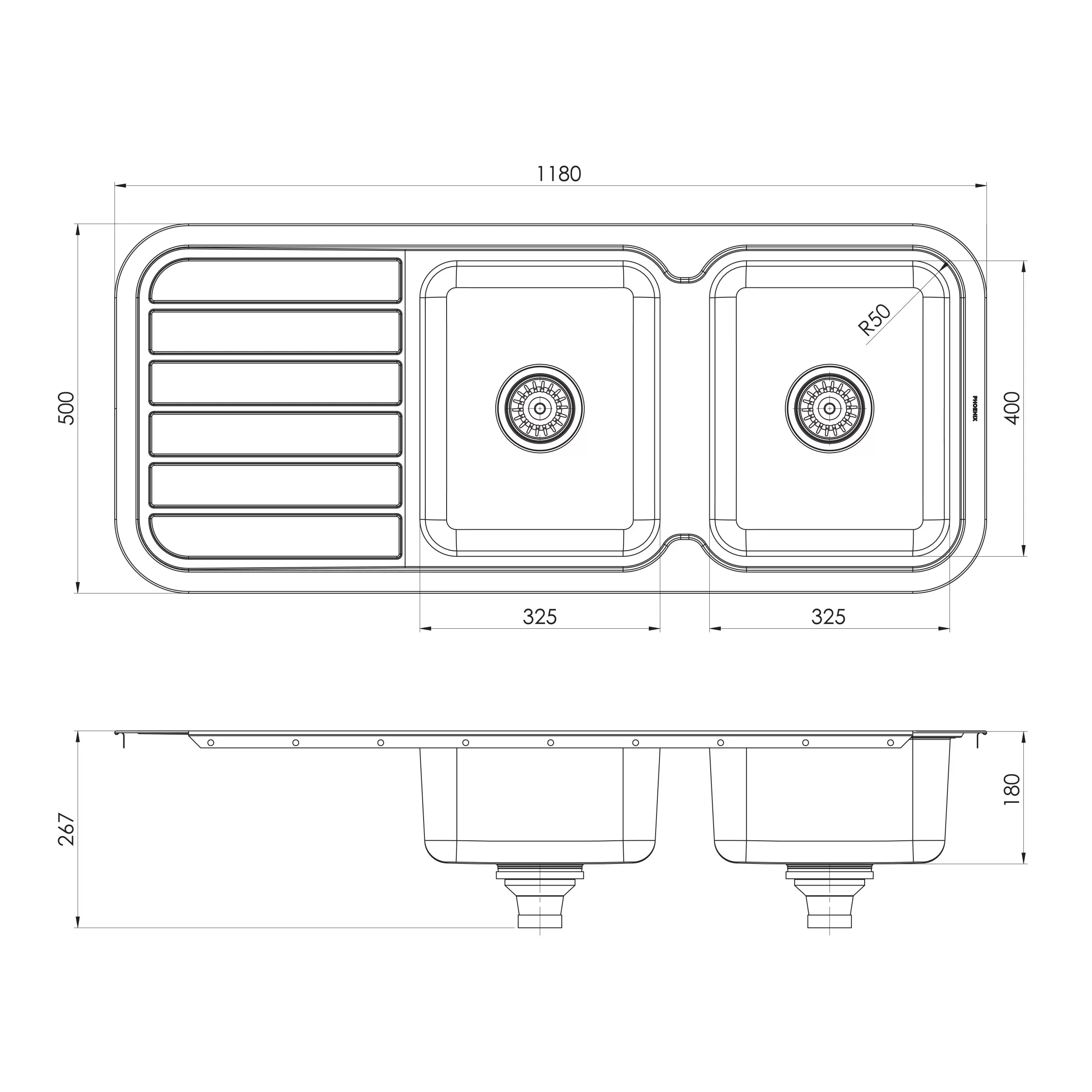 PHOENIX 1000 SERIES DOUBLE BOWL SINK WITH DRAINER AND NO TAPHOLE 1180MM