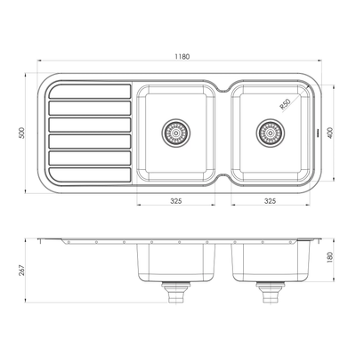 PHOENIX 1000 SERIES DOUBLE BOWL SINK WITH DRAINER AND NO TAPHOLE 1180MM
