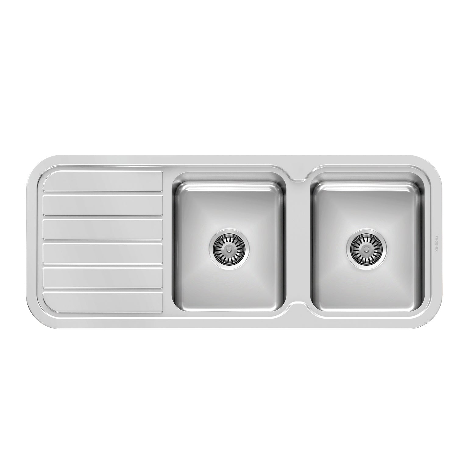 PHOENIX 1000 SERIES DOUBLE BOWL SINK WITH DRAINER AND NO TAPHOLE 1180MM