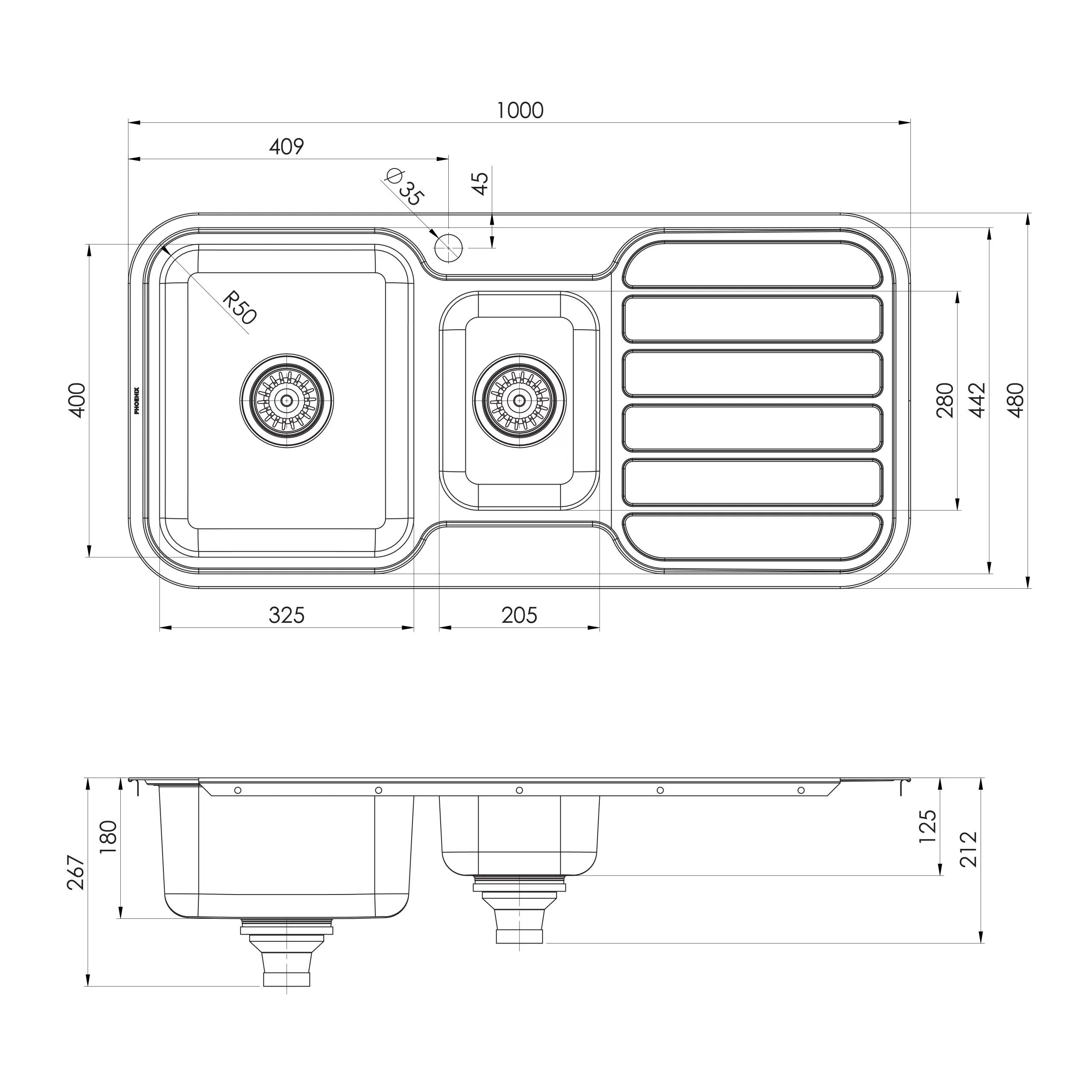 PHOENIX 1000 SERIES 1 AND 1/3 BOWL SINK WITH DRAINER AND TAPHOLE 1000MM