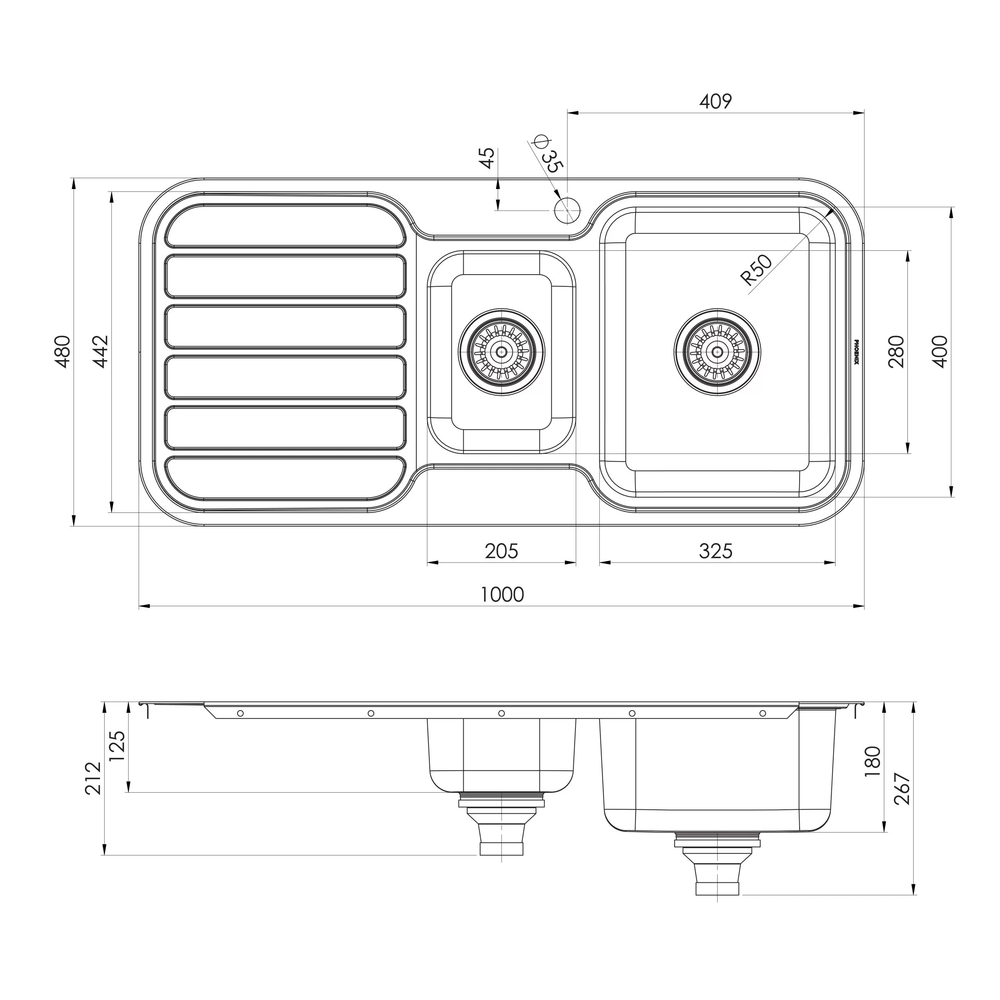 PHOENIX 1000 SERIES 1 AND 1/3 BOWL SINK WITH DRAINER AND TAPHOLE 1000MM