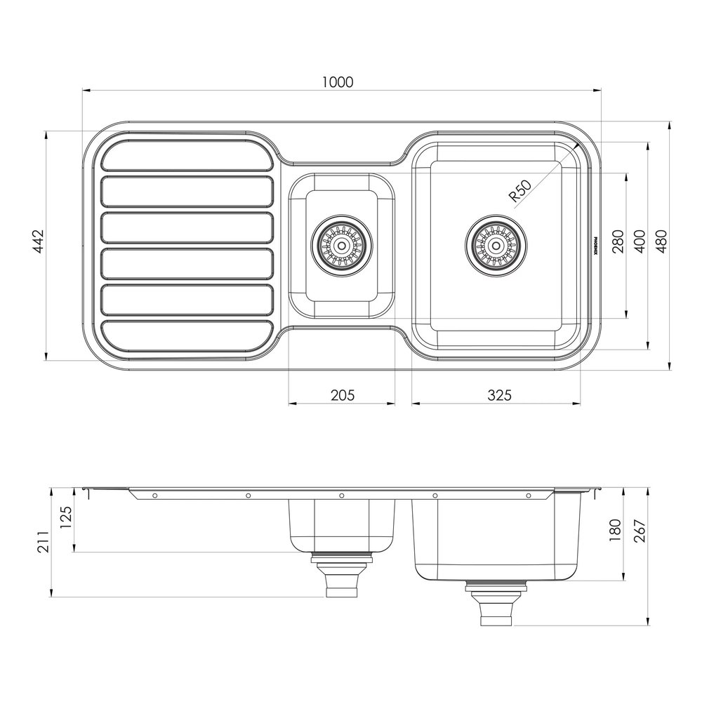 PHOENIX 1000 SERIES 1 AND 1/3 BOWL SINK WITH DRAINER AND NO TAPHOLE 1000MM