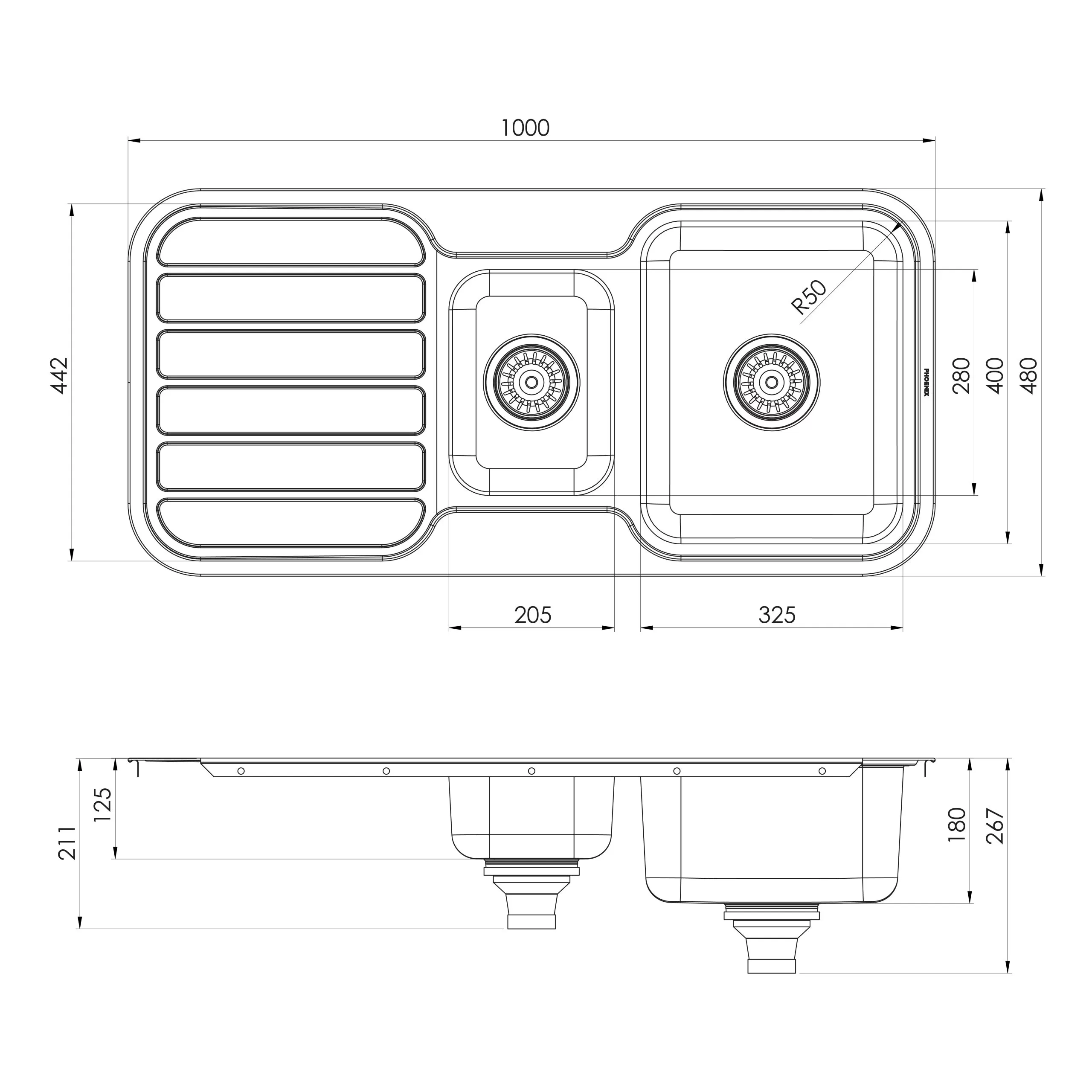 PHOENIX 1000 SERIES 1 AND 1/3 BOWL SINK WITH DRAINER AND NO TAPHOLE 1000MM