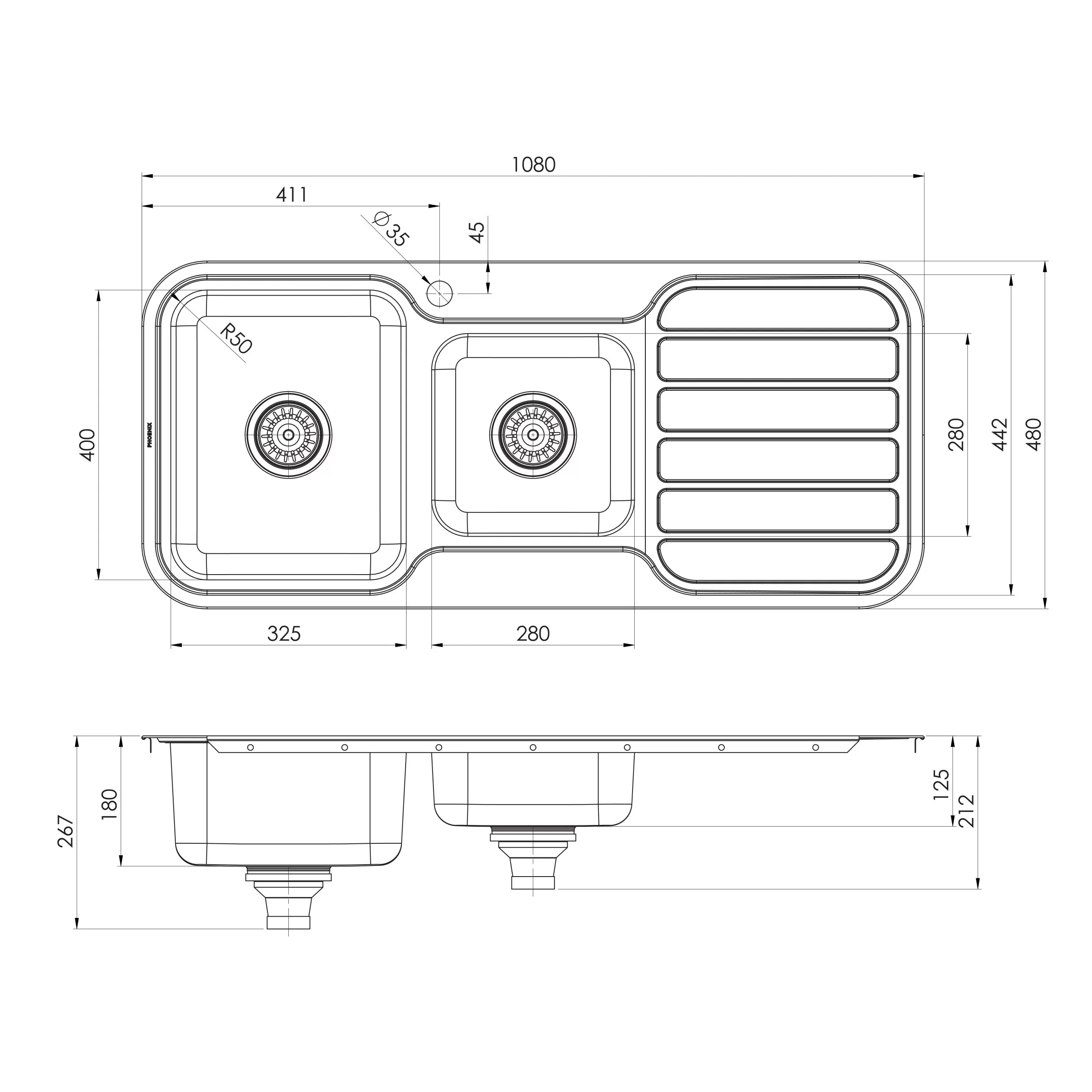 PHOENIX 1000 SERIES 1 AND 3/4 BOWL SINK WITH DRAINER AND TAPHOLE 1080MM