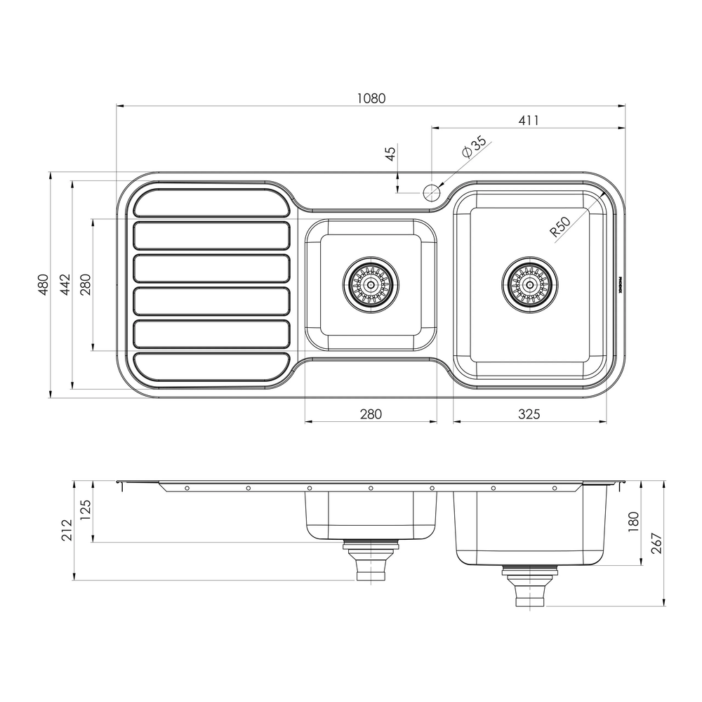 PHOENIX 1000 SERIES 1 AND 3/4 BOWL SINK WITH DRAINER AND TAPHOLE 1080MM