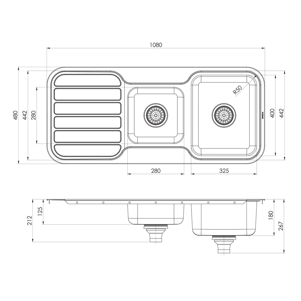 PHOENIX 1000 SERIES 1 AND 3/4 BOWL SINK WITH DRAINER AND NO TAPHOLE 1080MM