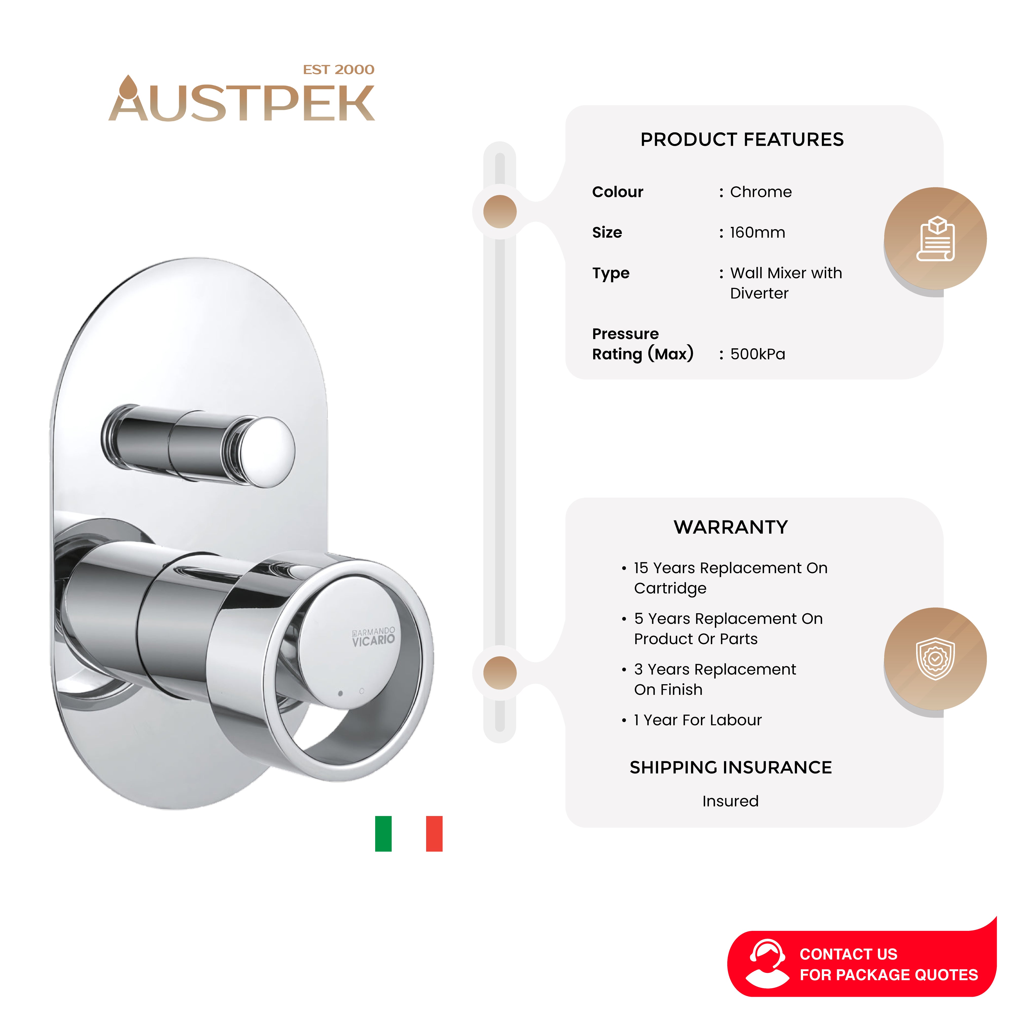 ARMANDO VICARIO PIAZZA WALL MIXER WITH DIVERTER 160MM CHROME