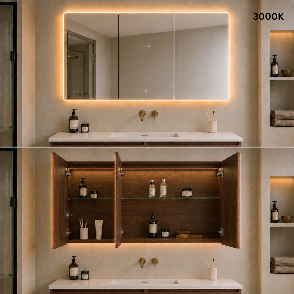 LUKKA AVOLA MOCHA OAK LED MIRROR SHAVING CABINET WITH 3 COLOUR LIGHTS 1200X750MM