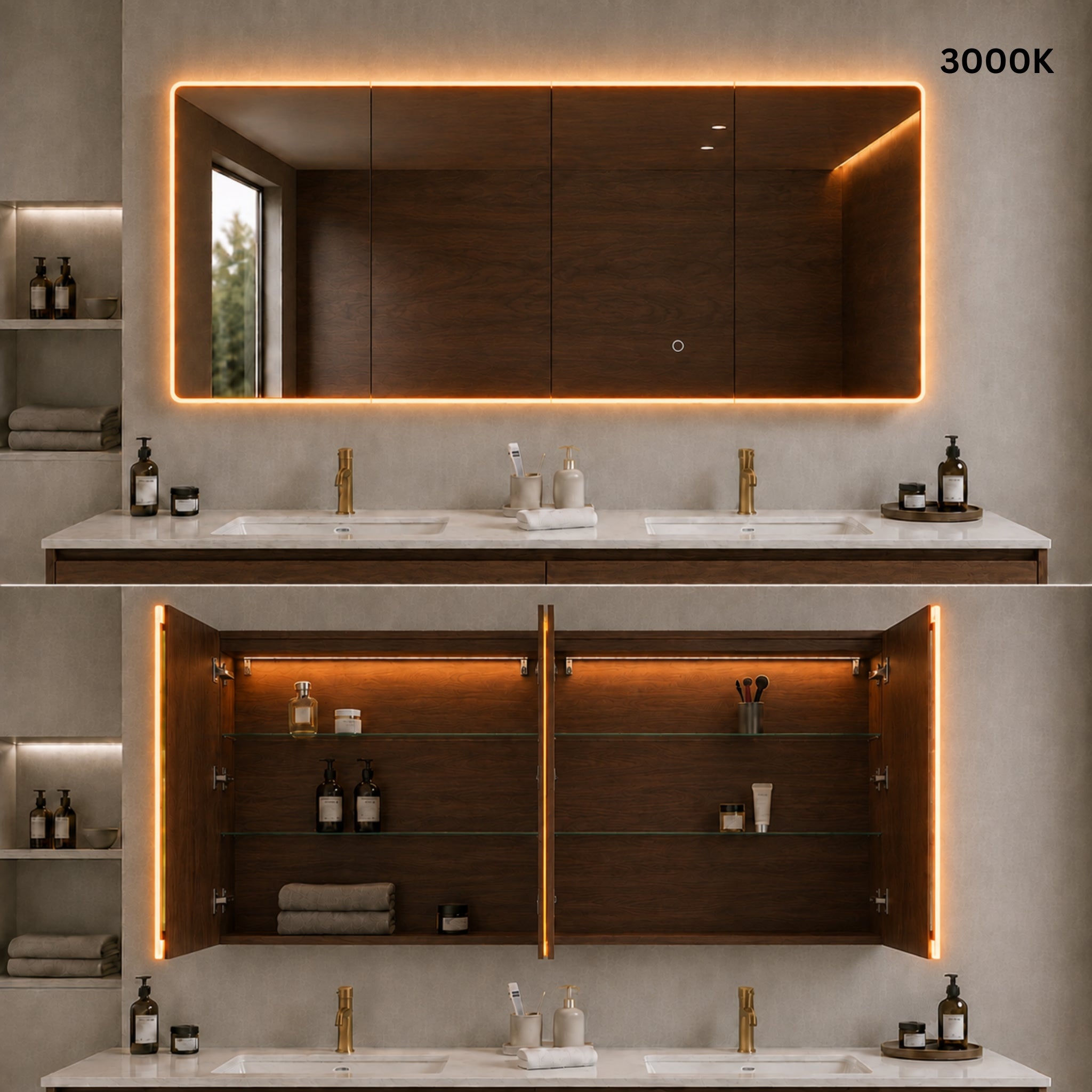 LUKKA AVOLA MOCHA OAK LED MIRROR SHAVING CABINET WITH 3 COLOUR LIGHTS 1500X750MM
