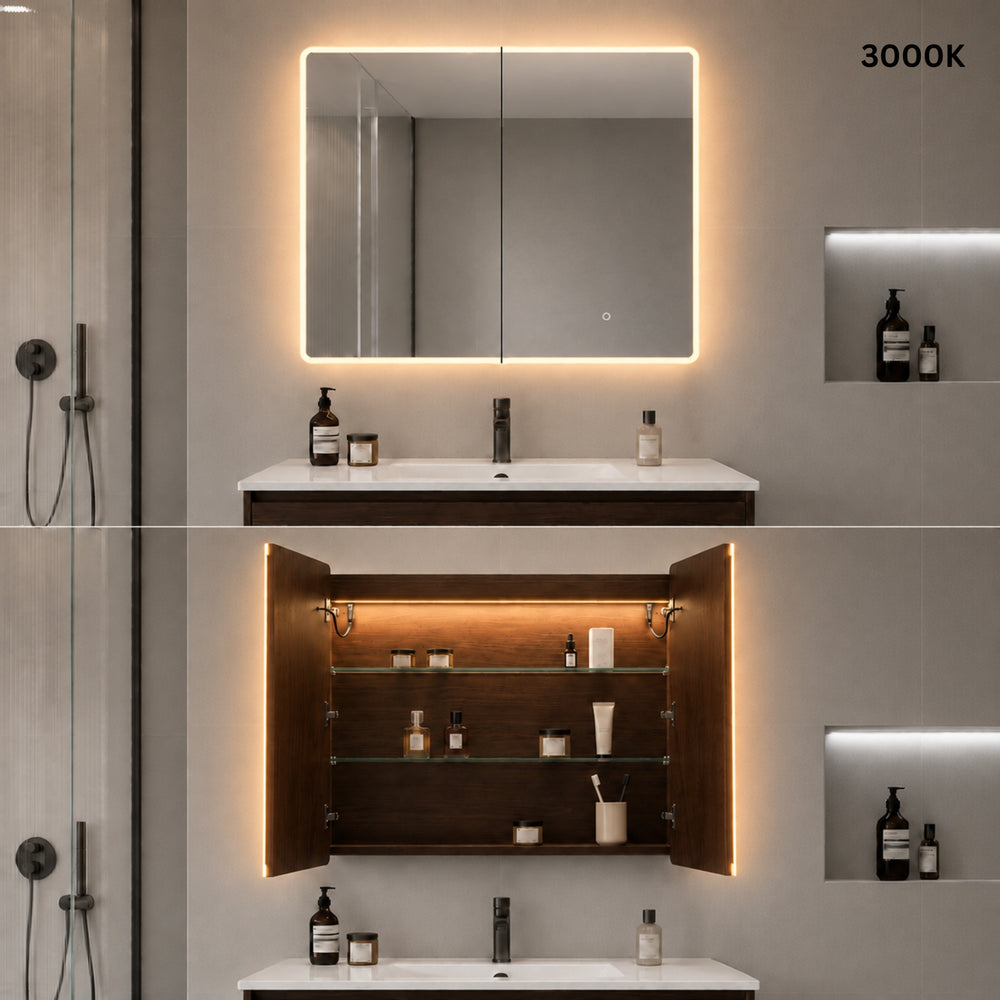 LUKKA AVOLA MOCHA OAK LED MIRROR SHAVING CABINET WITH 3 COLOUR LIGHTS 900X750MM