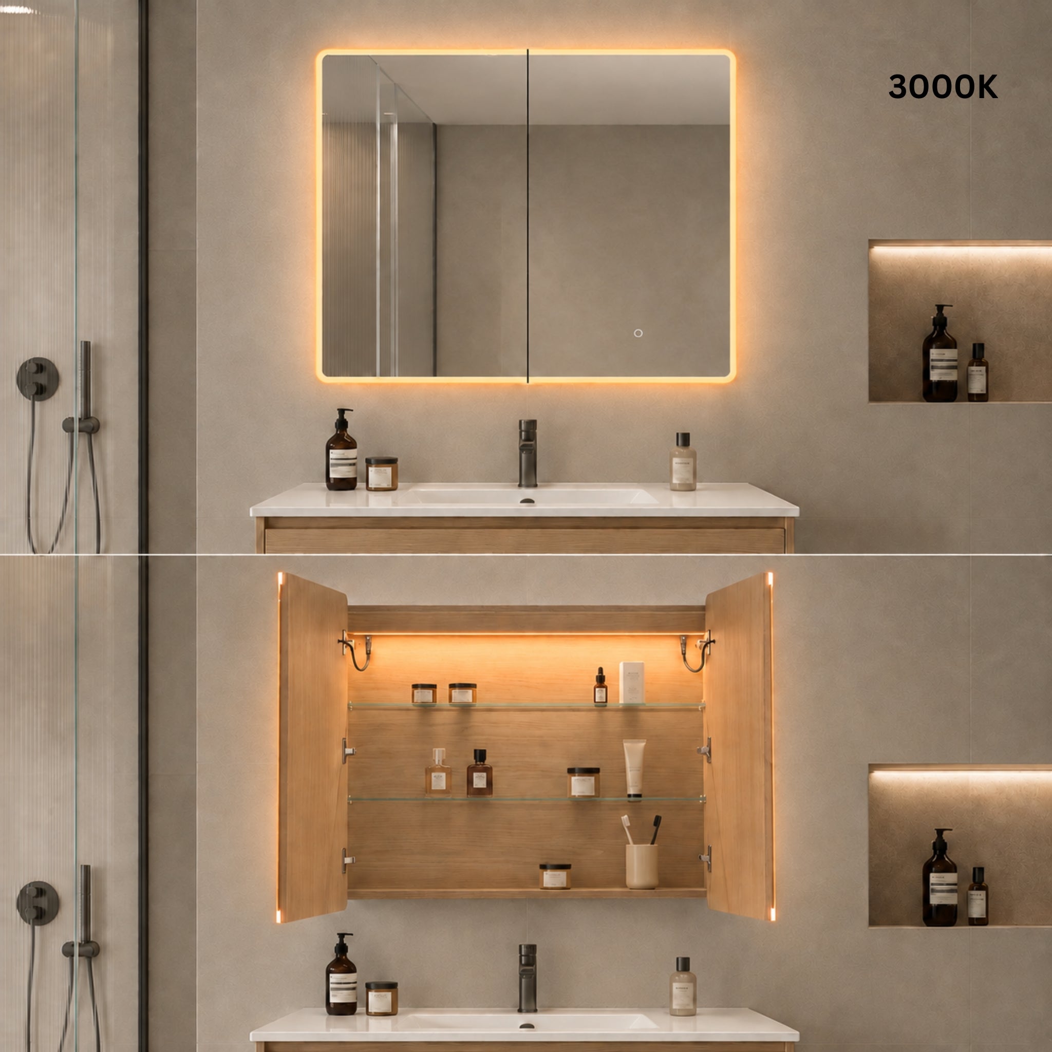 LUKKA AVOLA SANDY OAK LED MIRROR SHAVING CABINET WITH 3 COLOUR LIGHTS 900X750MM