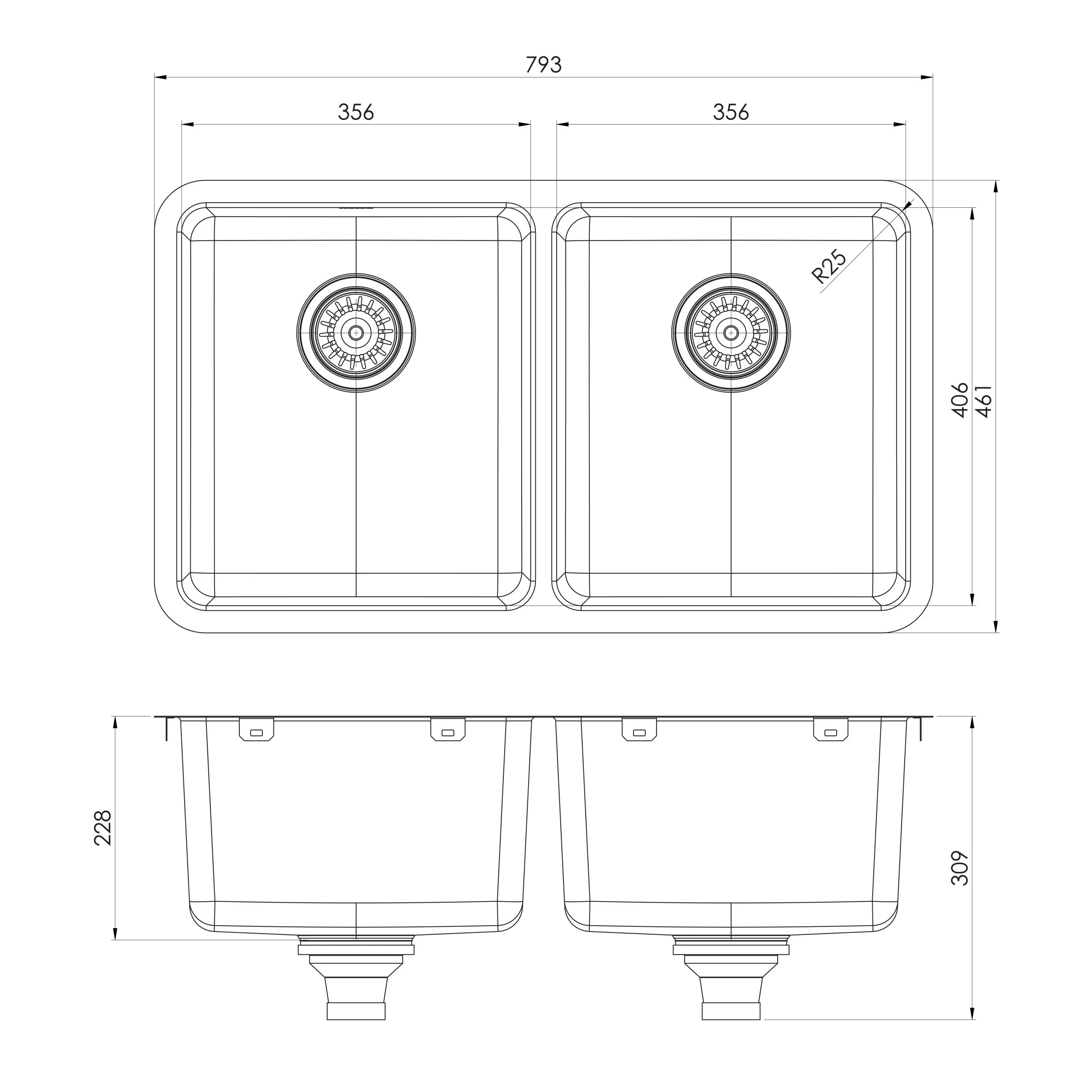 PHOENIX 2000 SERIES DOUBLE BOWL STAINLESS STEEL SINK 793MM