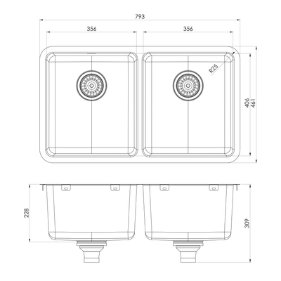 PHOENIX 2000 SERIES DOUBLE BOWL STAINLESS STEEL SINK 793MM