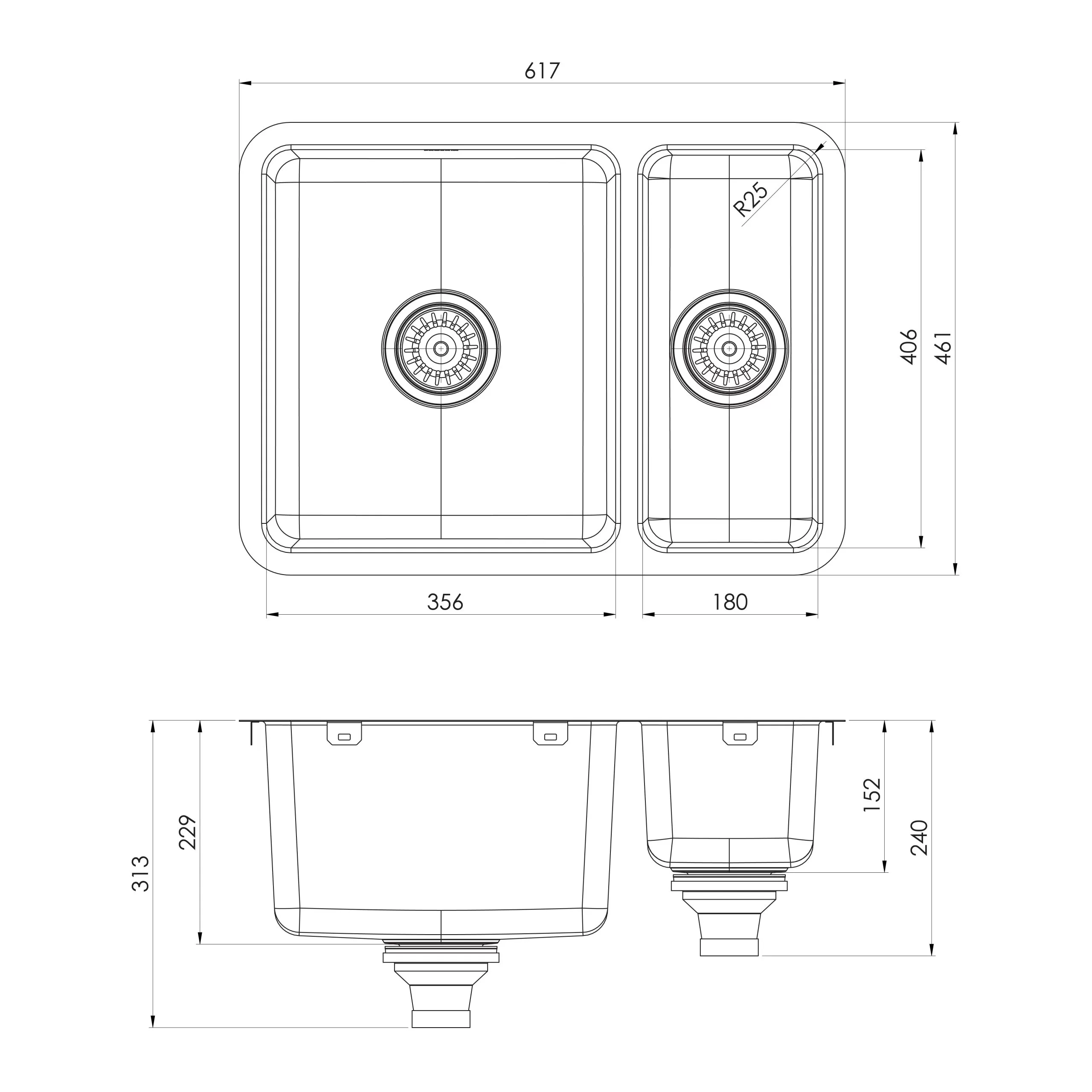 PHOENIX 2000 SERIES 1 AND 1/2 BOWL STAINLESS STEEL SINK 617MM