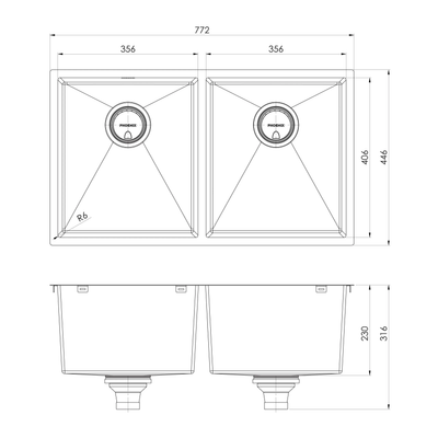 PHOENIX 4000 SERIES DOUBLE BOWL STAINLESS STEEL SINK 772MM