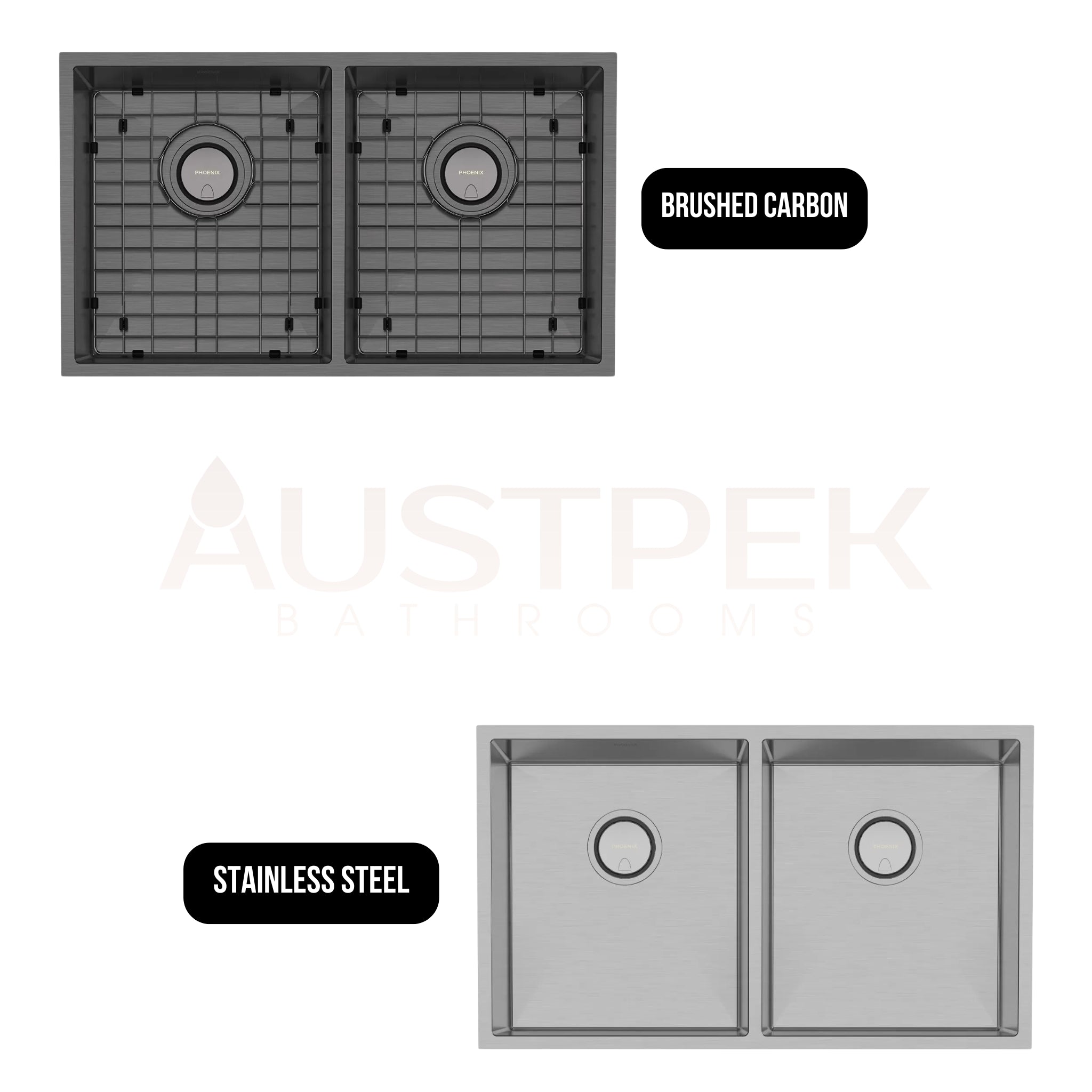 PHOENIX 4000 SERIES DOUBLE BOWL SINK 772MM BRUSHED CARBON