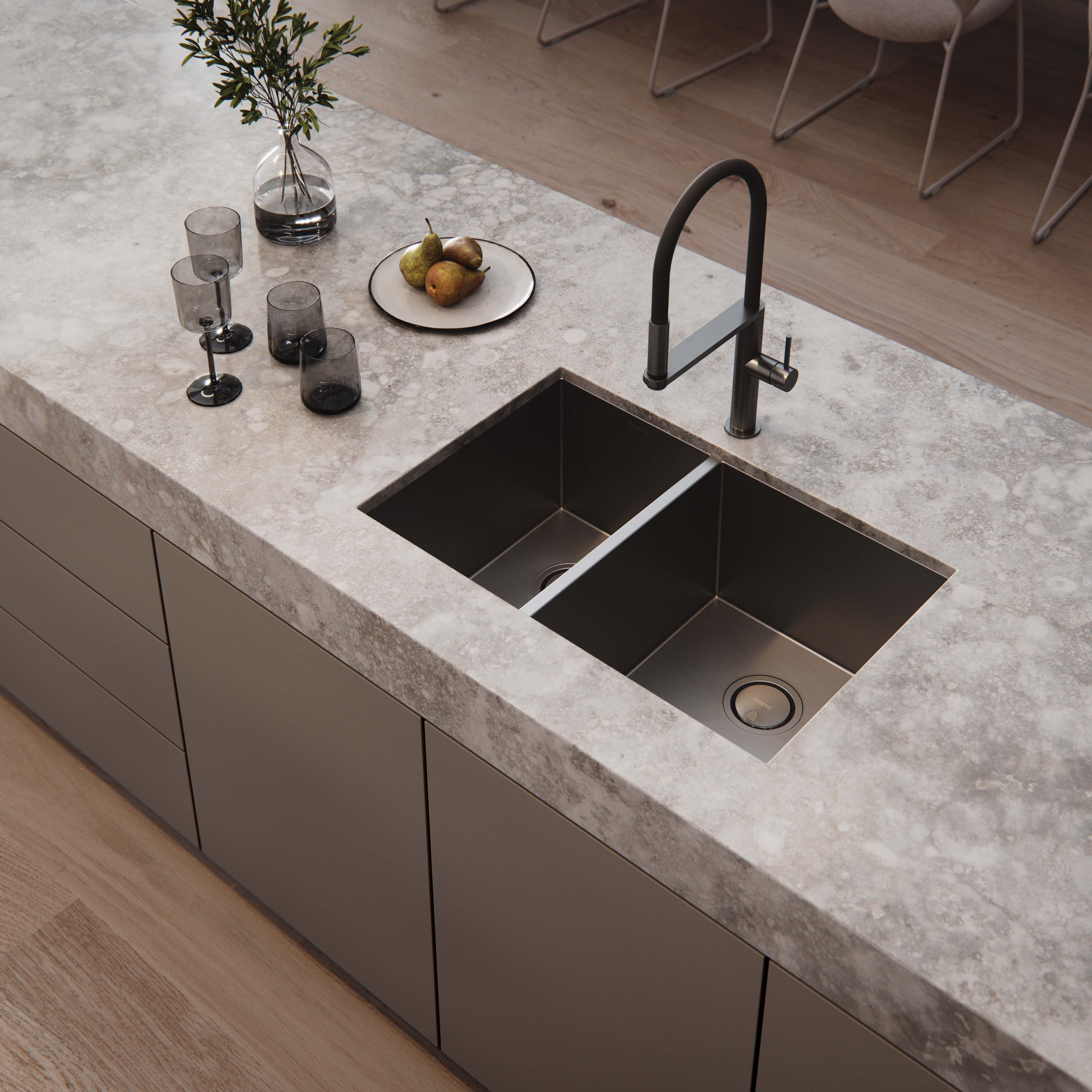 PHOENIX 4000 SERIES 1 AND 3/4 BOWL SINK BRUSHED CARBON 683MM