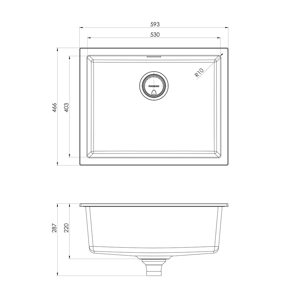 PHOENIX 5000 SERIES LARGE SINGLE BOWL SINK MATTE BLACK 593MM