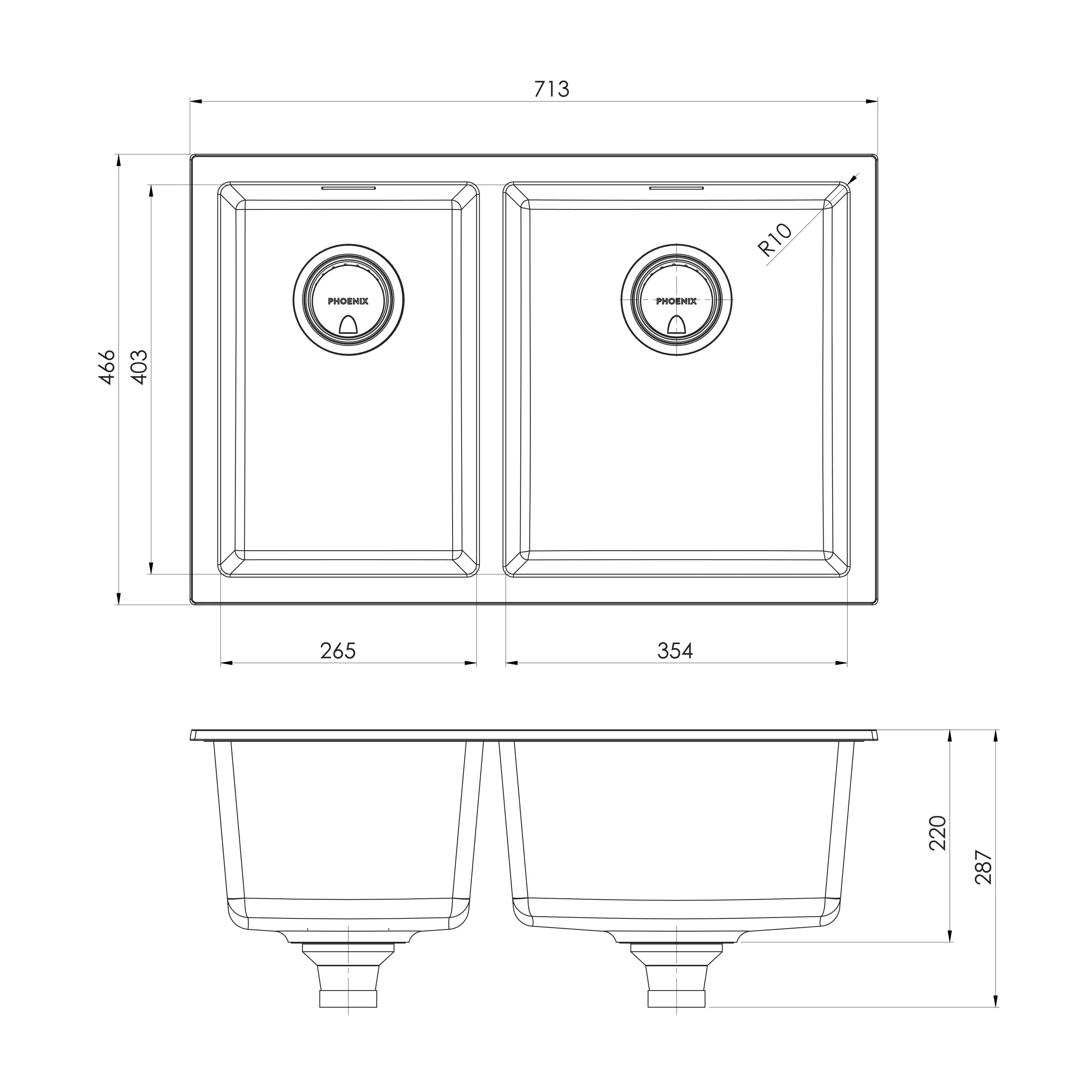 PHOENIX 5000 SERIES 1 AND 3/4 BOWL SINK MATTE BLACK 713MM