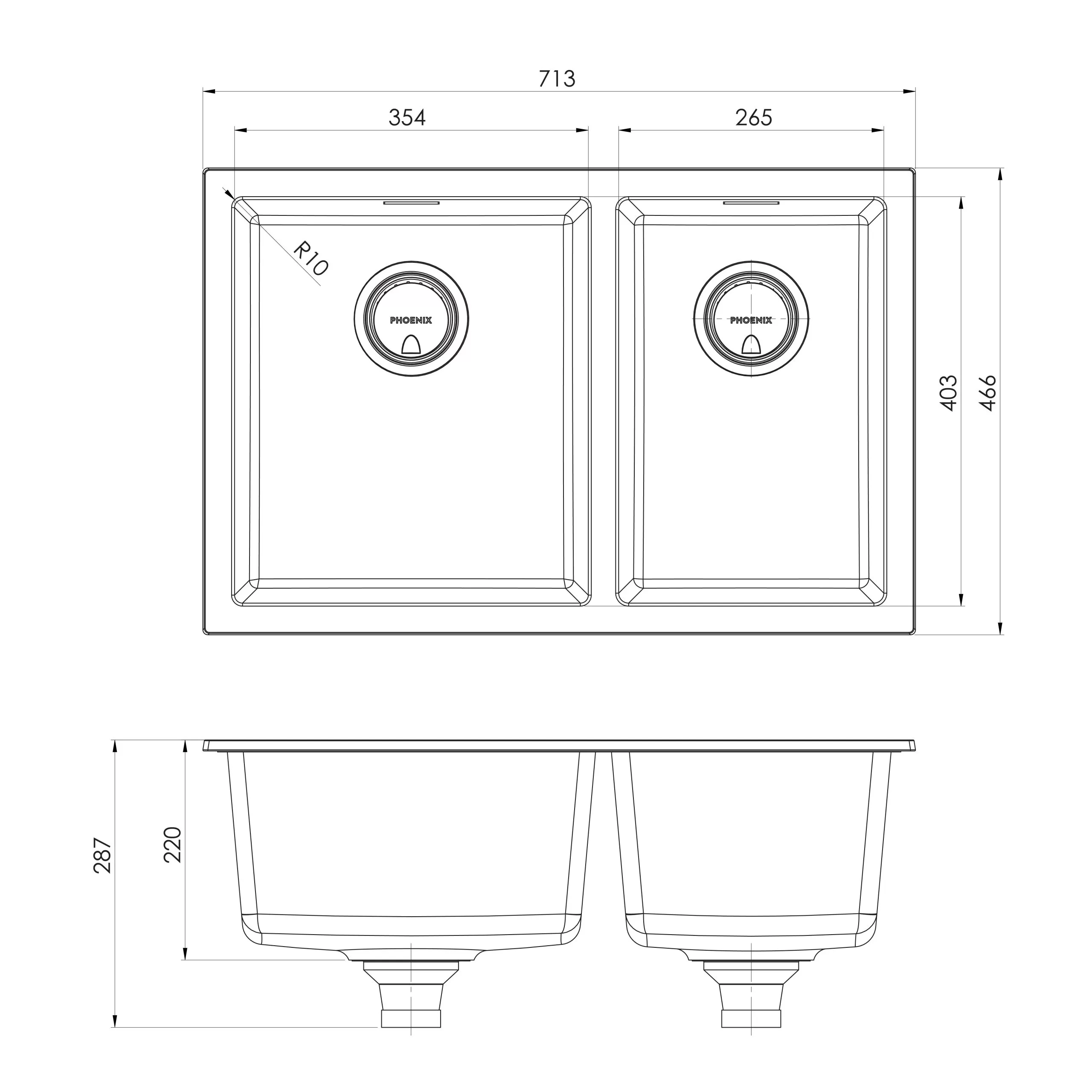 PHOENIX 5000 SERIES 1 AND 3/4 BOWL SINK MATTE BLACK 713MM