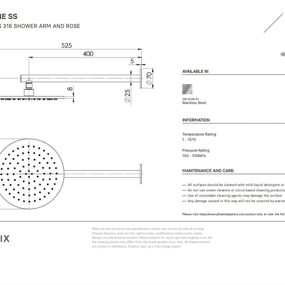 PHOENIX VIVID SLIMLINE SHOWER ARM AND ROSE 250MM STAINLESS STEEL