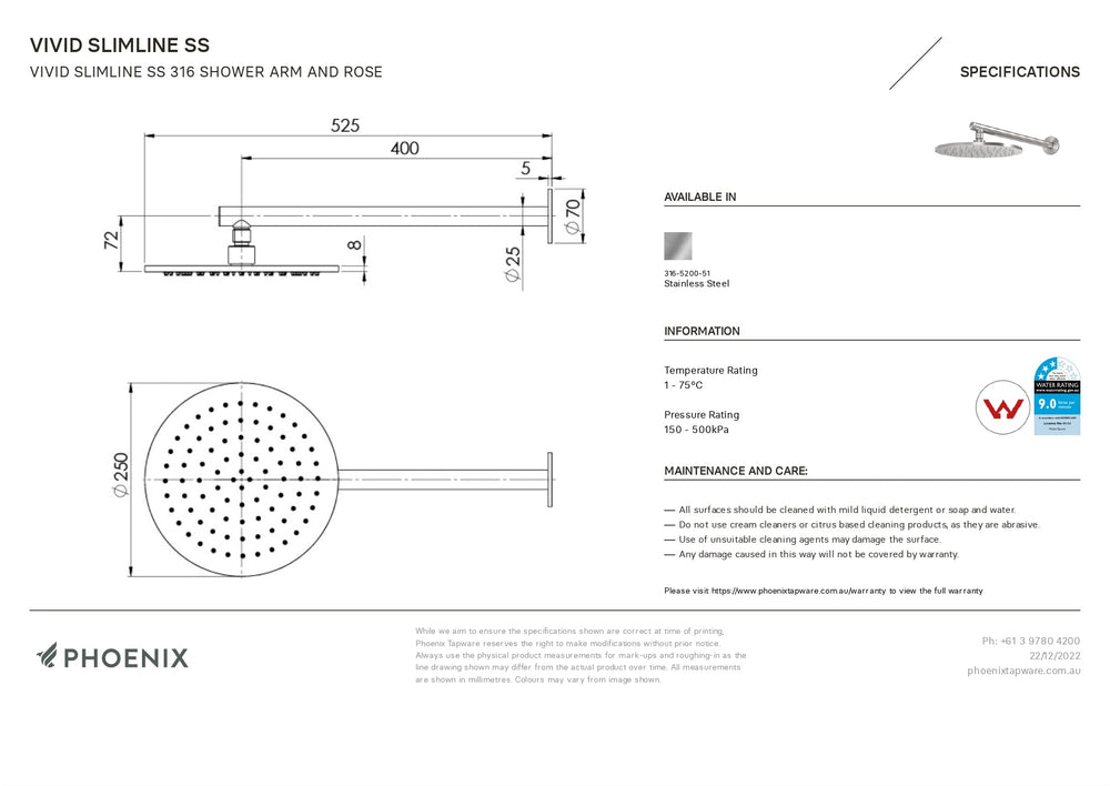 PHOENIX VIVID SLIMLINE SHOWER ARM AND ROSE 250MM STAINLESS STEEL