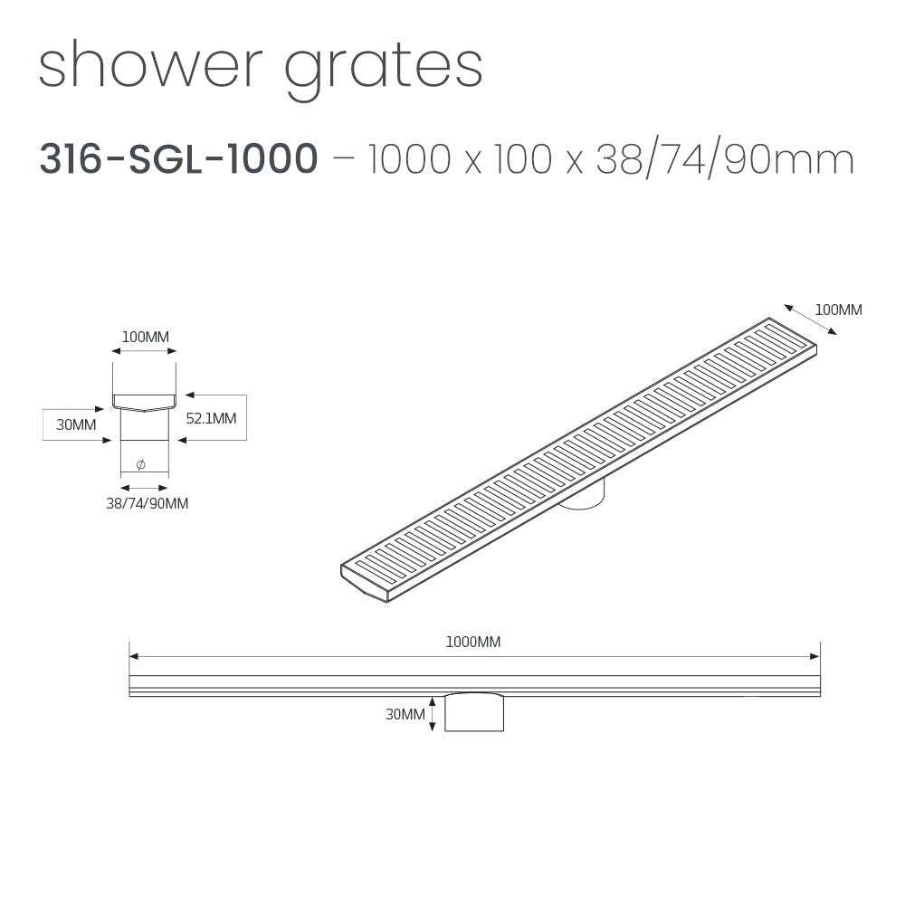 RADIANT HEATING LINEAR SLOTTED FLOOR GRATE BRUSHED SATIN 1000MM