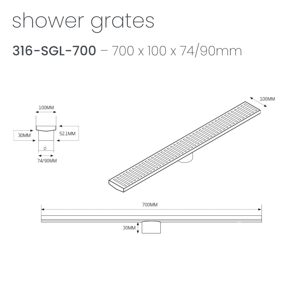 RADIANT HEATING LINEAR SLOTTED FLOOR GRATE BRUSHED SATIN 700MM