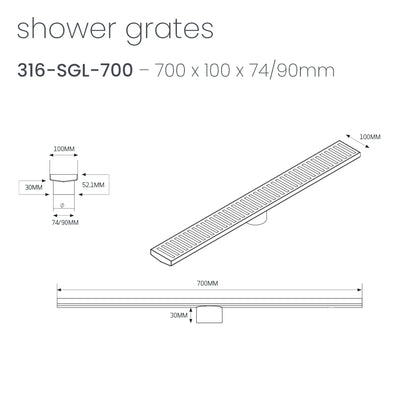 RADIANT HEATING LINEAR SLOTTED FLOOR GRATE BRUSHED SATIN (AVAILABLE IN 600MM, 700MM, 800MM AND 900MM)