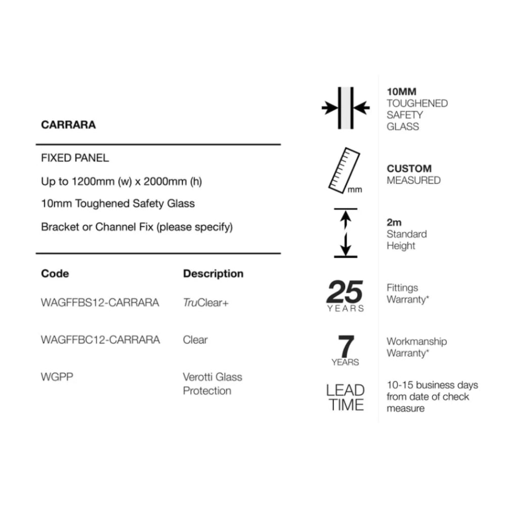 VEROTTI CARRARA FRAMELESS SHOWER SCREEN WITH DIGITAL PRINT GLASS 1200X2000MM