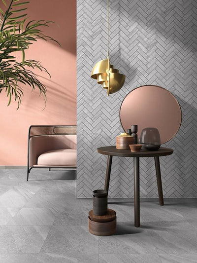 MUSES CREST LIGHT GREY FELLTEC 260X315MM HERRINGBONE MOSAIC TILE (PER BOX)