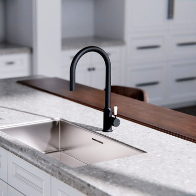 NERO YORK SPRAY PULL OUT SINK MIXER WITH WHITE PORCELAIN LEVER 457MM MATTE BLACK