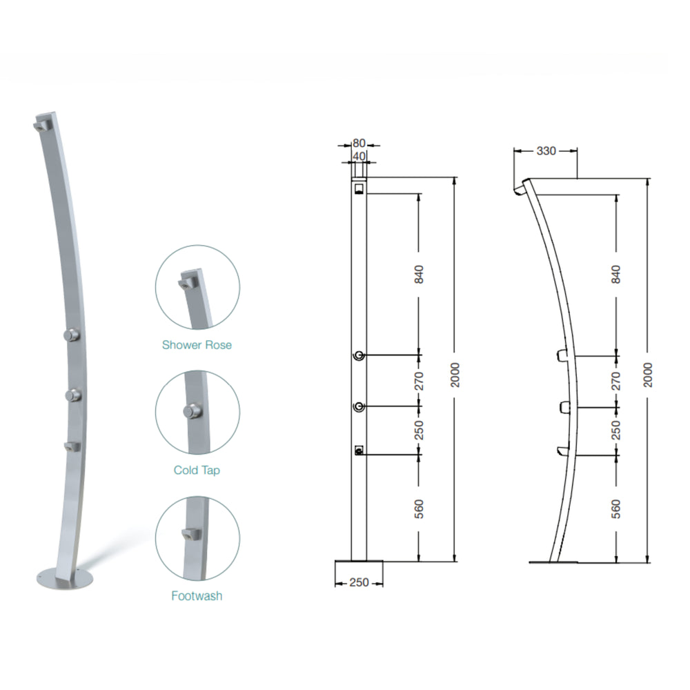 RAINWARE BEACH AQUILINE FREESTANDING OUTDOOR TIME FLOW SINGLE SHOWER AND FOOTWASH STAINLESS STEEL