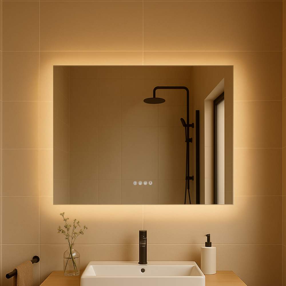 LUNARGLOW AURA RECTANGULAR 3 COLOUR LIGHTS FRAMELESS LED MIRROR 900X700MM