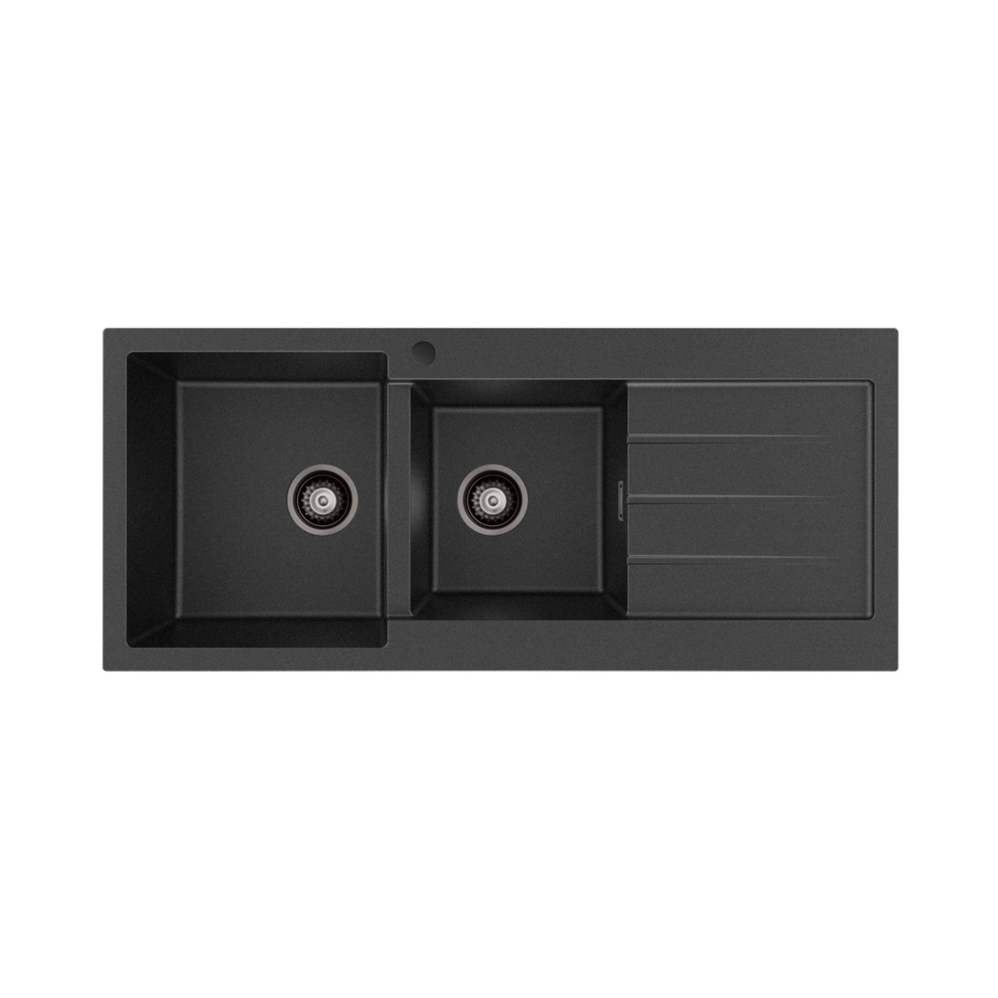 FIENZA KURO GRANITE DOUBLE BOWL KITCHEN SINK WITH DRAINER AND TAP HOLE 1160MM