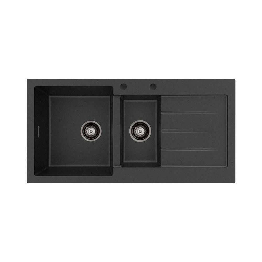 FIENZA KURO GRANITE DOUBLE BOWL KITCHEN SINK WITH DRAINER TWO TAP HOLE 1000MM