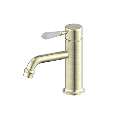 NERO YORK STRAIGHT BASIN MIXER WITH WHITE PORCELAIN LEVER 170MM AGED BRASS