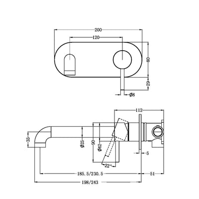 NERO ZEN WALL BASIN / BATH MIXER 230MM BRUSHED NICKEL
