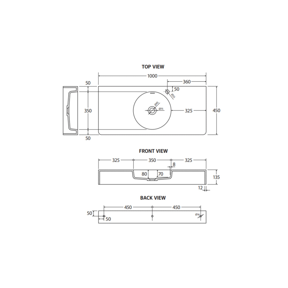FIENZA ENCANTO SOLID SURFACE WALL HUNG BASIN MATTE WHITE 1000MM