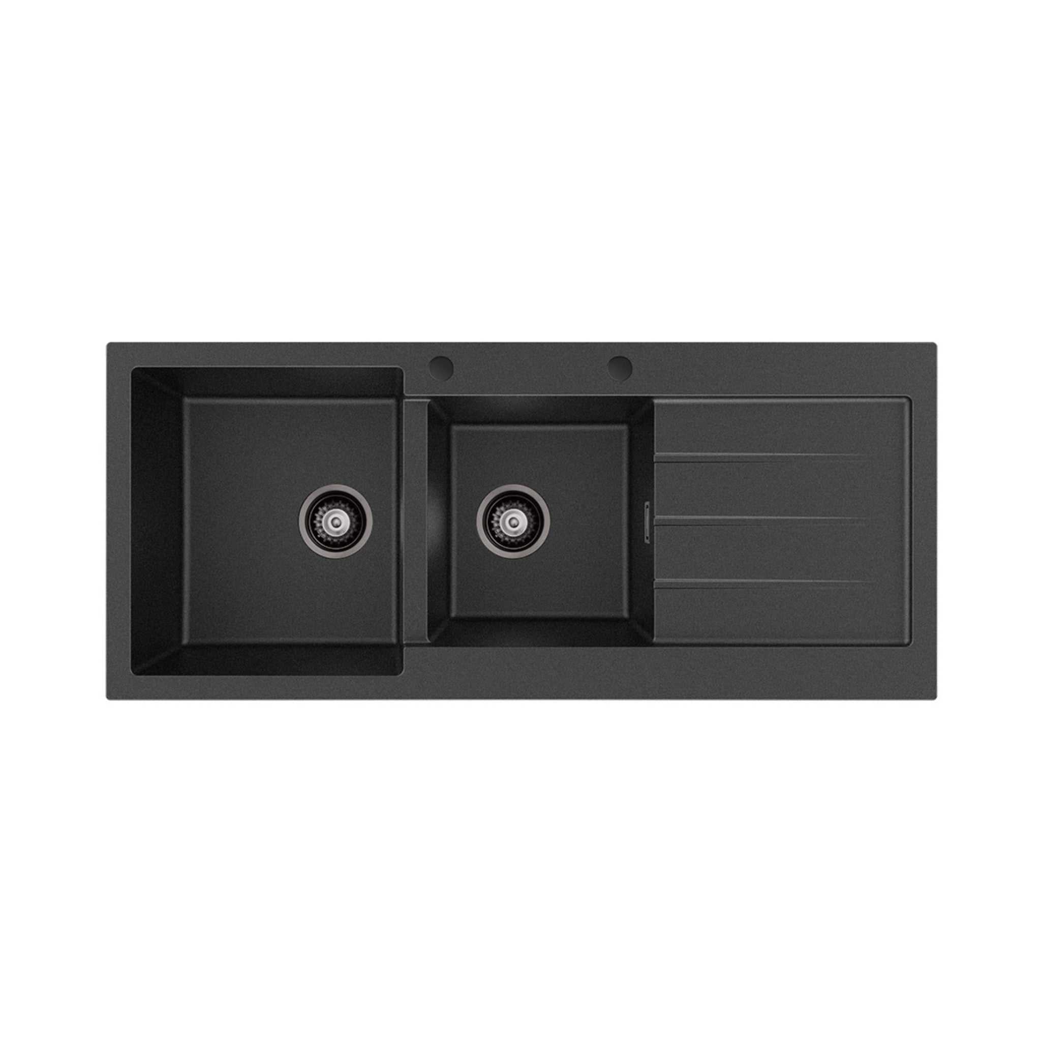 FIENZA KURO GRANITE DOUBLE BOWL KITCHEN SINK WITH DRAINER TWO TAP HOLE 1160MM