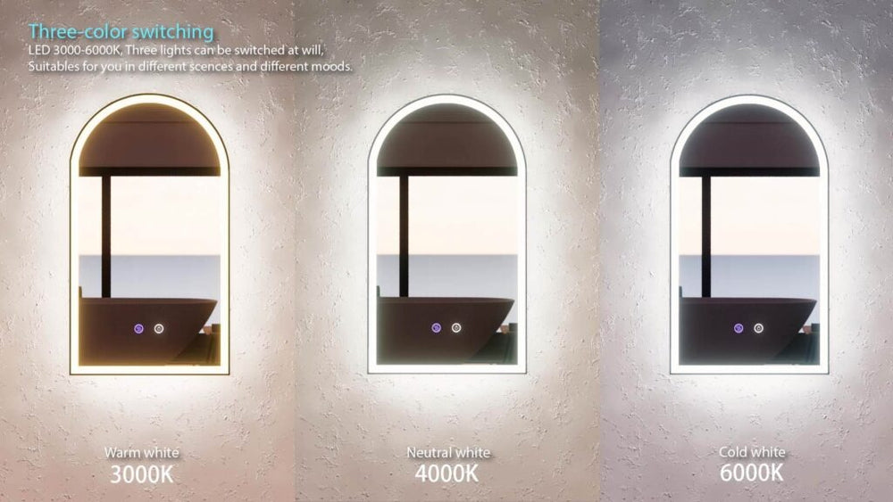 RIVA AR2 FRAMED ARCH LED MIRROR 3 COLOUR LIGHTS BRUSHED NICKEL 450X800MM