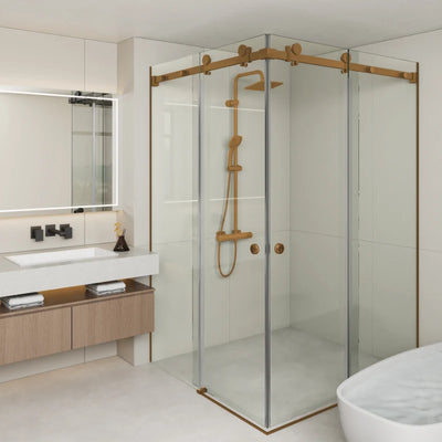 COVEY FRAMELESS DOUBLE CORNER SLIDING DOOR SHOWER SCREEN BRUSHED BRONZE
