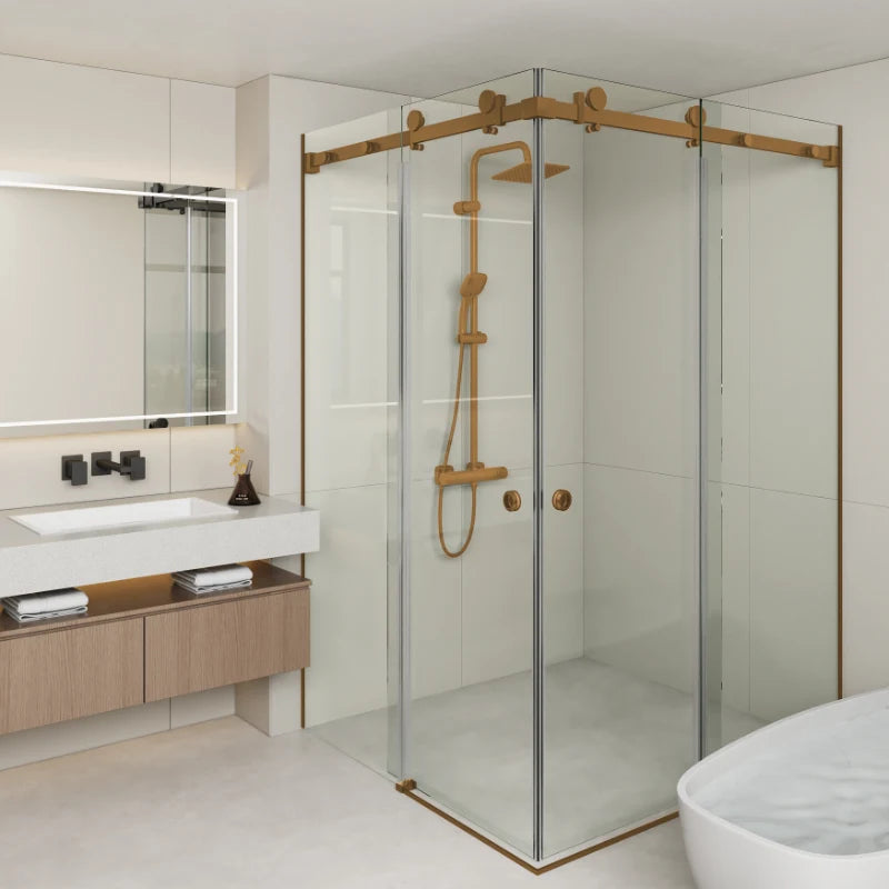 COVEY FRAMELESS DOUBLE CORNER SLIDING DOOR SHOWER SCREEN BRUSHED BRONZE