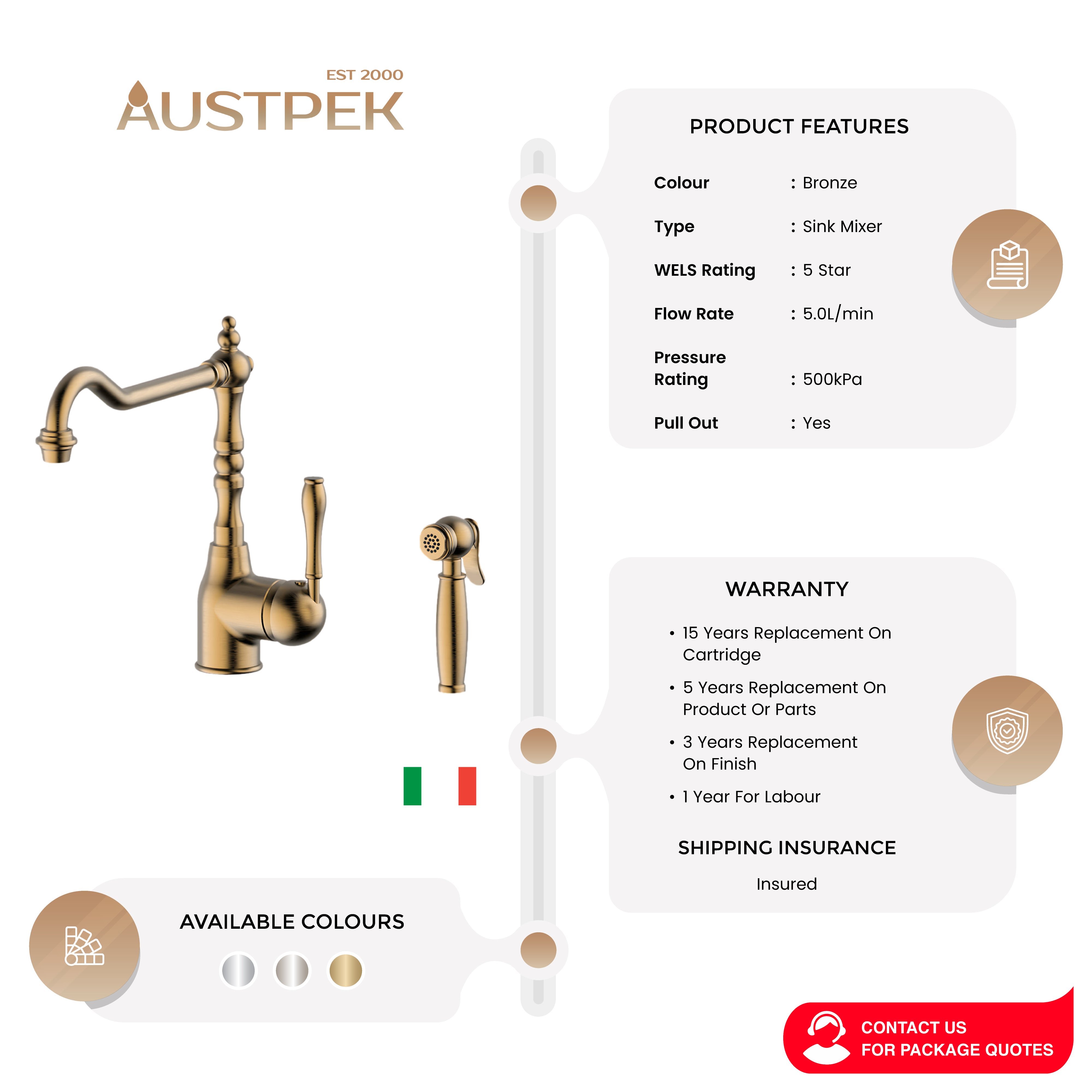 ARMANDO VICARIO PROVINCIAL PULL-OUT SINK MIXER WITH SIDE SPRAY BRONZE