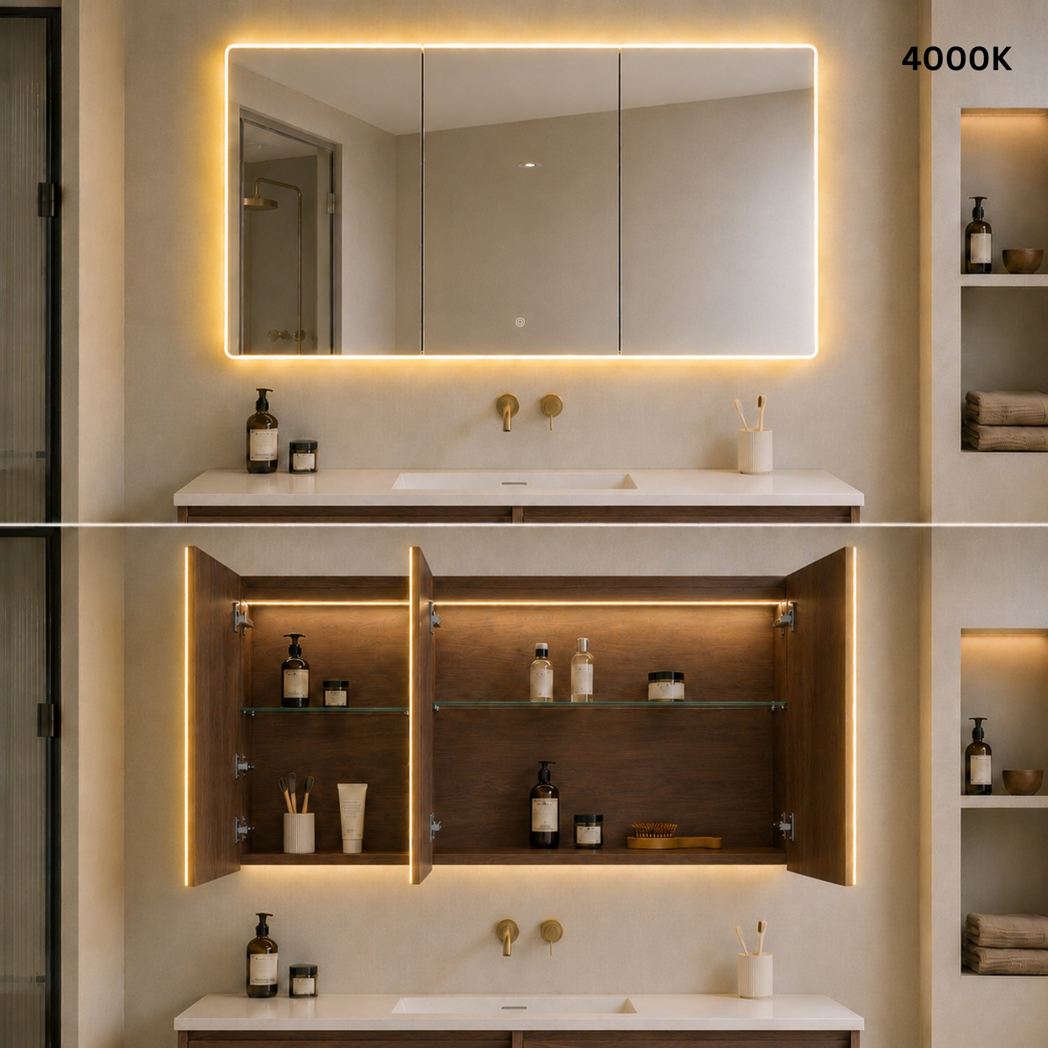 LUKKA AVOLA MOCHA OAK LED MIRROR SHAVING CABINET WITH 3 COLOUR LIGHTS 1200X750MM